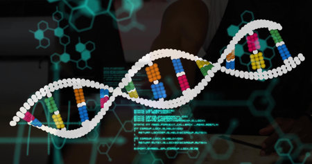 Researcher manipulating touchscreen tabletop in lab, with floating DNA helix and code overlays. Biotechnology, innovation, futuristic, digital, science, genomics, visualizationの写真素材