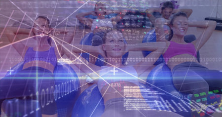 Crunching five women on stability balls in fitness studio, wearing sportswear with data overlay. Wellness, group exercise, digital integration, strength training, active lifestyle, modern gym, fitness motivationの写真素材