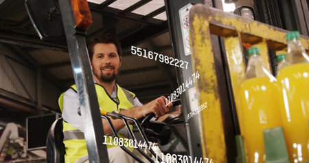 Operating forklift wearing vest lifting pallet of yellow bottles in warehouse, digital overlays....