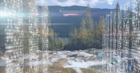 Rushing creek flowing through forested mountain valley, with binary code streams and light streaks....