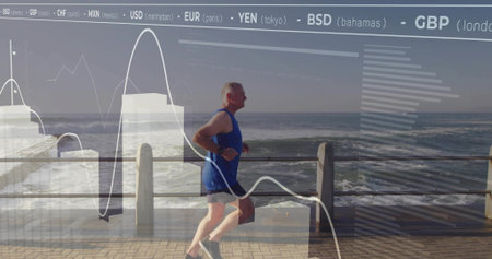 Jogging man in blue sportswear on seafront path, with metal railing, ocean waves, financial overlay....