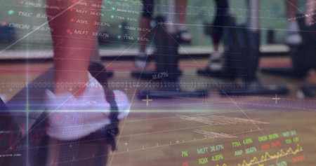 Pumping exerciser's legs in leggings on treadmill at gym, with stock data overlay, copy space. Fitness, technology, data visualization, athletics, motivation, digital interface, active lifestyleの写真素材