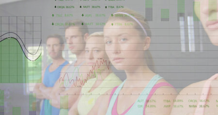 Posing five participants crossing arms and looking at camera in fitness studio with data overlay. Athletics, teamwork, professionalism, data visualization, determination, strength, motivationの写真素材