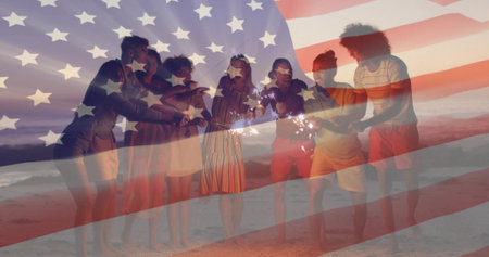 Celebrating friends in summer wear on sandy beach at dusk, holding sparklers. Festivities, camaraderie, leisure, festival, outdoor, vibrant, celebrationの写真素材
