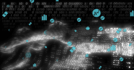 Streaming central binary wave across cyberspace, with white bits and turquoise analytics icons. Technology, data, digital, network, communication, innovation, futurismの写真素材