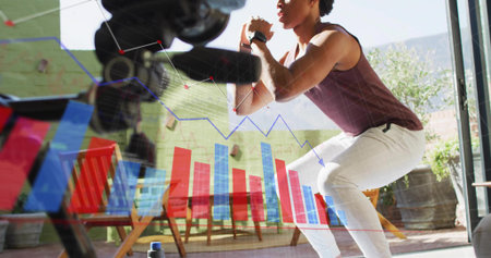 Squatting man wearing sleeveless top on patio, with camera rig and analytics overlays, copy space. Fitness, analytics, technology, outdoor, wellness, active, modernの写真素材