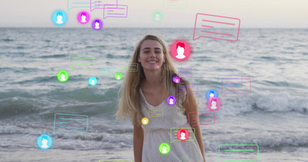 Smiling woman in white sundress standing on shore, with floating chat bubbles and user icons. Beach,...