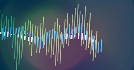 Displaying multi-colored waveform on digital display, with vertical bars showing data levels. Abstraction, technology, modern, vibrant, multimedia, interface, visualizationの写真素材