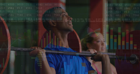 Lifting loaded barbell, Asian male maintaining form in gym squat rack, with data visualizations. Gym, fitness, performance, analytics, strength, training, healthの写真素材