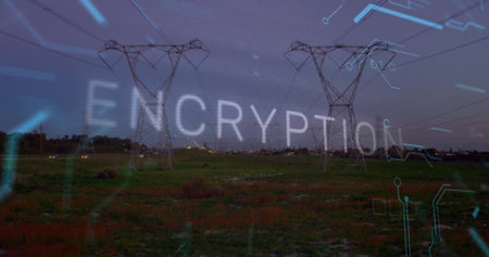 Metal lattice towers rising in open grassy field at dusk, with power lines and graphics. Industrial, infrastructure, technology, cybersecurity, digital, network, landscapeの写真素材