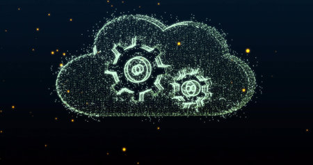 Rotating green digital cloud icon with gear cogs spinning in digital space, with glowing particles. Technology, innovation, cybersecurity, abstract, futuristic, data, automationの写真素材