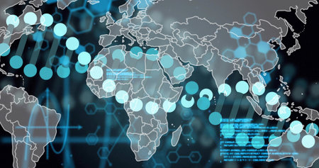 Outlined world map showing markers hex grid in digital interface, linking lines arrows code panels....