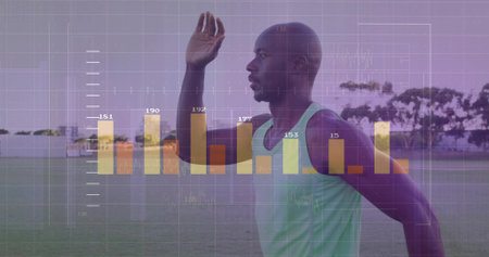 Sprinting male runner wearing mint top and shorts on grass field, with chart and graph overlay. Athletics, performance, fitness, analytics, progress, training, vitalityの写真素材