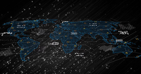Displaying blue map showing network lines and binary streams with hex grid in virtual dashboard. Technology, connectivity, innovation, cyber, digital, data visualization, futuristicの写真素材