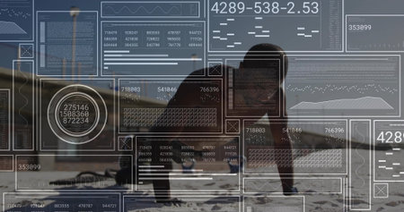 Performing crawling push-up African American athlete in shorts on sandy beach, with translucent HUD. Fitness, wellness, biomechanics, outdoor, sport, vitality, innovationの写真素材