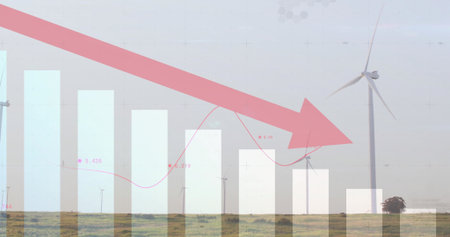 Displaying wind turbine on field, with translucent bars, red line graph and pink arrow, copy space. Renewable energy, sustainability, data visualization, environmental consciousness, clean technology, landscape, infographicの写真素材