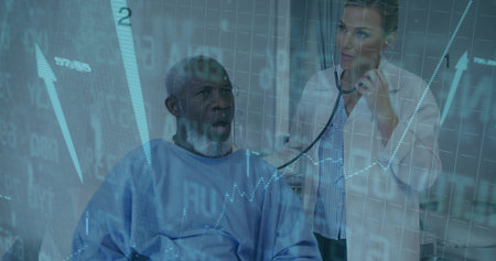 Listening physician placing stethoscope on male patient in exam room, with financial chart overlay....