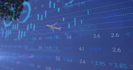 Flying commercial jet airliner crossing blue-toned screen, with candlestick bars and line graphs. Aviation, finance, technology, data visualization, corporate, digital display, businessの写真素材