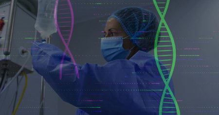 Female medical worker wearing surgical gown adjusting IV bag at clinic, with DNA overlay. Healthcare, biomedicine, technology, diagnostics, clinical, laboratory, innovationの写真素材