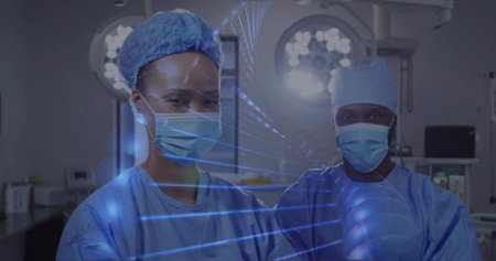 Performing surgery surgeons in blue scrubs and masks in operating room, with DNA helix overlay....