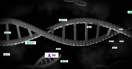 Displaying central DNA double helix in dark digital environment, with floating data tags....