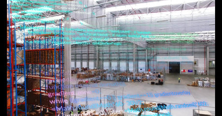 Worker wearing safety vest scanning code overlay in warehouse with steel racks, copy space. Industrial, logistics, technology, enterprise, automation, modern, productivityの写真素材