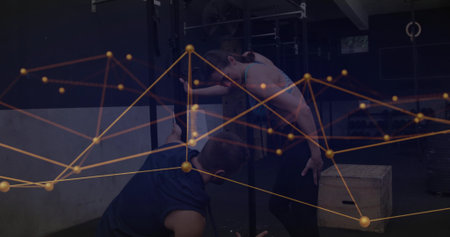 Trainer guiding client in sportswear stretching hamstrings with squat rack bar at gym, data overlay. Fitness, training, strength, biomechanics, analytics, motivation, healthの写真素材