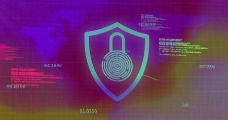 Displaying shield icon merging padlock and fingerprint over grid, with neon code and purple map. Cybersecurity, digital, protection, encryption, technology, data, networkの写真素材