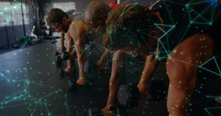 Executing plank dumbbell rows by quartet of exercisers on gym rubber floor, with network overlay. Strength, fitness, teamwork, digital, technology, workout, healthyの写真素材