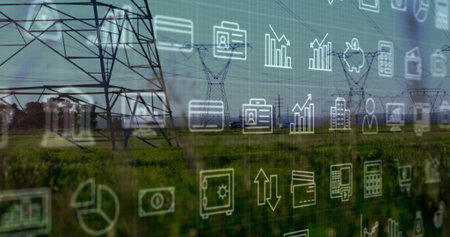 Displaying steel lattice power towers spanning grassy meadow, with financial data icons overlay. Infrastructure, energy, sustainability, data, analytics, technology, ecologicalの写真素材
