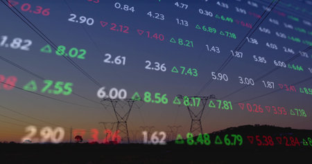 Spanning transmission towers and lines across rural dusk, showing floating stock numbers and arrows....