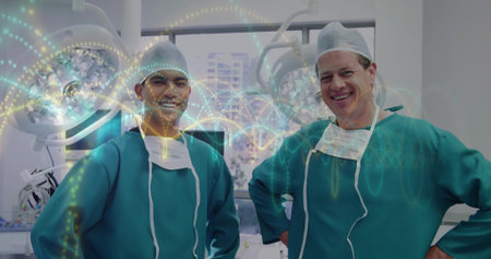 Two surgeons wearing green scrubs standing in operating room, with lights and waveform overlay. Medical, healthcare, innovation, technology, teamwork, professionalism, modernの写真素材
