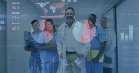 Mature man in white coat walking in hospital corridor carrying charts, with digital data overlay. Medical team, healthcare, digital technology, analysis, data visualization, collaboration, professionalの写真素材