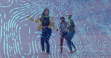 Three friends dancing barefoot on dusky beach, with yellow jacket, striped top and denim shorts. Bohemian, vibrant, expressive, lifestyle, digital art, relaxation, harmonyの写真素材