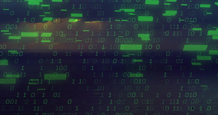 Blending green binary code overlay streaming across sea horizon at dusk, rectangular code blocks. Futuristic, digital, abstract, technology, oceanic, serene, vibrantの写真素材