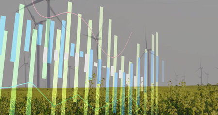 Displaying bar charts and line graphs spanning yellow crop field under overcast sky, wind turbines....
