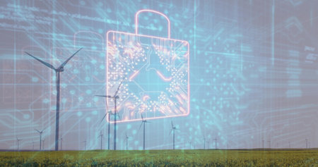 Translucent digital padlock displaying glowing circuitry in wind farm, with grid-like data overlay. Sustainability, technology, innovation, security, renewable, digital, eco-friendlyの写真素材