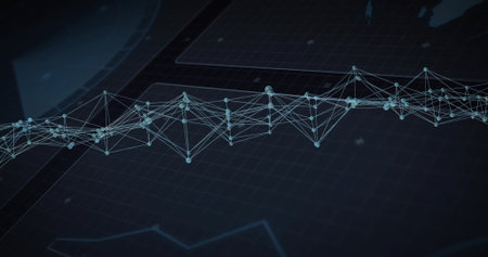 Displaying network graph spanning digital screen, with nodes, mesh lines, globe and map grid....