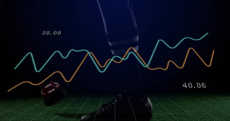 Showing athlete leg in striped sock, cleat on green grid floor, with sensor, graphs and metrics. Performance, analytics, sportswear, biomechanics, digital, fitness, trainingの写真素材