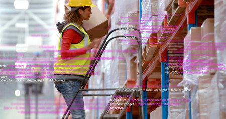 Worker climbing stepladder in hardhat safetyvest retrieving box in storage rack aisle, copy space....