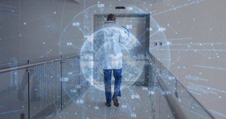 Walking male wearing white lab coat down lab corridor with holographic globe overlay and handrails....