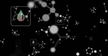 Displaying node cluster forming molecular network in diagram, with droplet icon and CO2 label. Digital, futuristic, abstract, visualization, technology, innovation, dataの写真素材