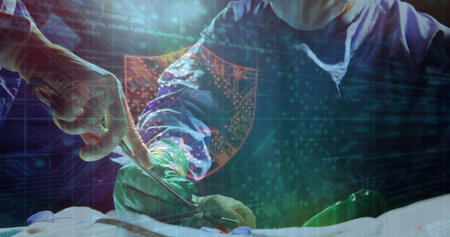 Gloved hands performing incision in operating room, with scalpel, circuitry and shield emblem. Surgical, healthcare, medical, technology, biotech, innovation, precisionの写真素材