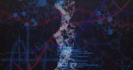 Floating low-poly digital figure interacting with DNA helix in virtual realm, with scrolling code. Futuristic, technological, abstract, cybersecurity, data visualization, science, innovationの写真素材