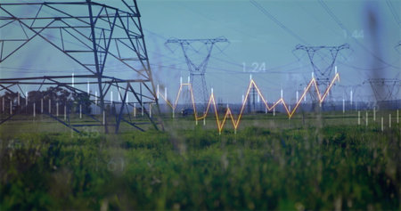 Dominating pylon rising in green field, with power lines, line and bar chart overlays, copy space....