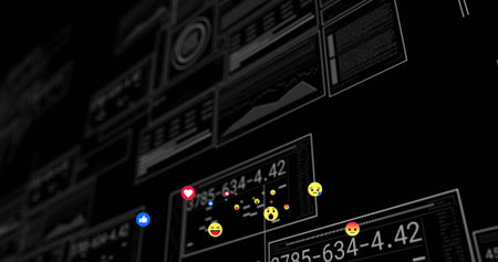 Displaying social media reaction emojis floating over digital interface panels, with numeric charts. Futuristic, technology, data, visualization, digital, interface, analyticsの写真素材