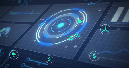 Animating central circular digital interface in virtual control panel, with energy finance icons....