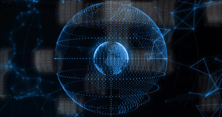 Showing data-point globe floating in digital network with outer wireframe sphere, nodes and lines. Futuristic, technology, connectivity, cyberspace, visualization, innovation, digitalの写真素材