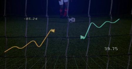 Displaying analytics overlay on pitch and net at night, with soccer ball and white-uniform player. Sports, motion, visualization, data, competition, futuristic, precisionの写真素材