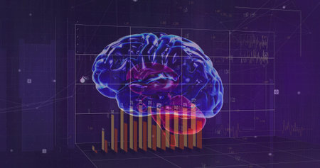 Floating holographic brain model glowing in virtual data interface, with 3D bar charts. Futuristic,...